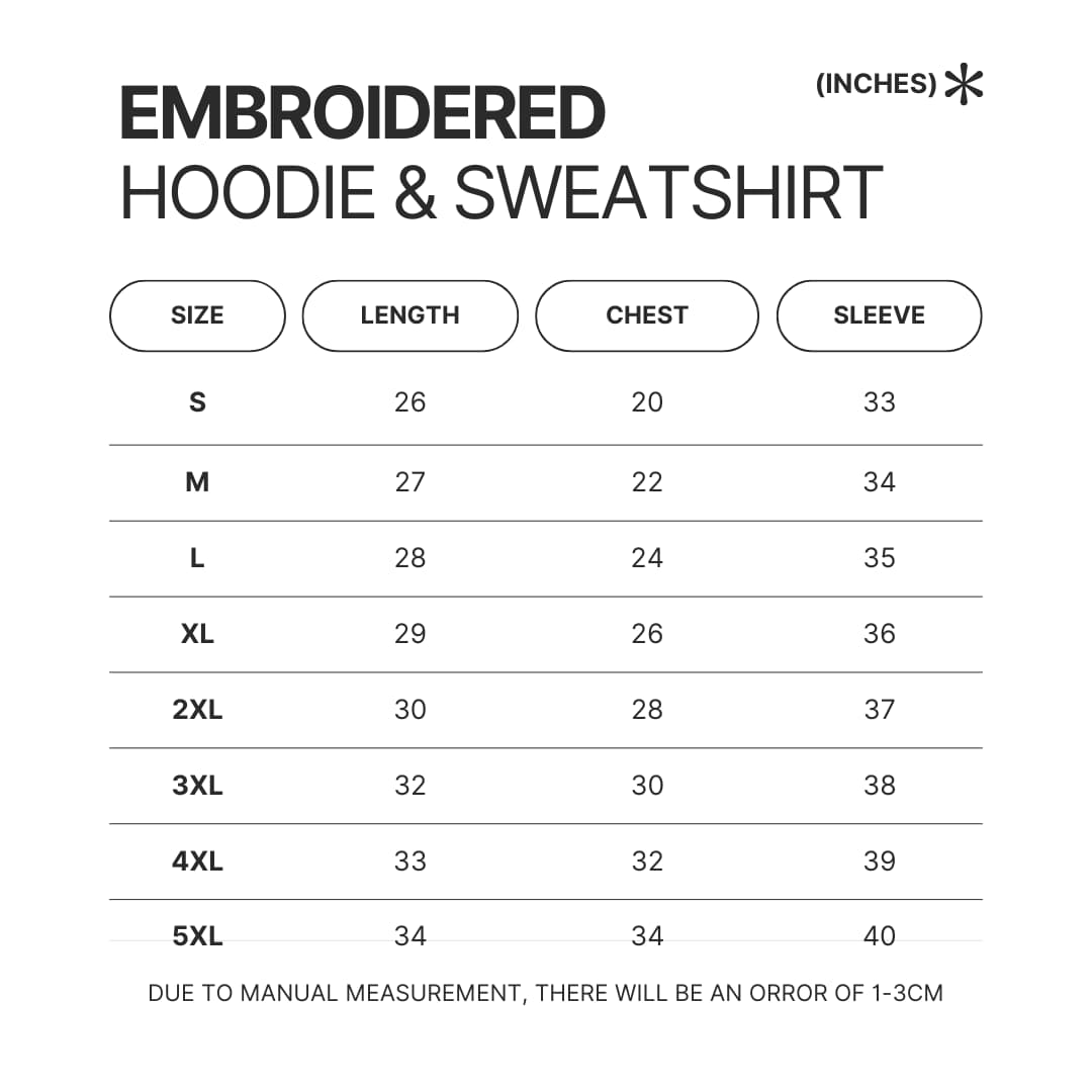 Embroidered Hoodie Sweatshirt Size Chart - One Piece Gifts