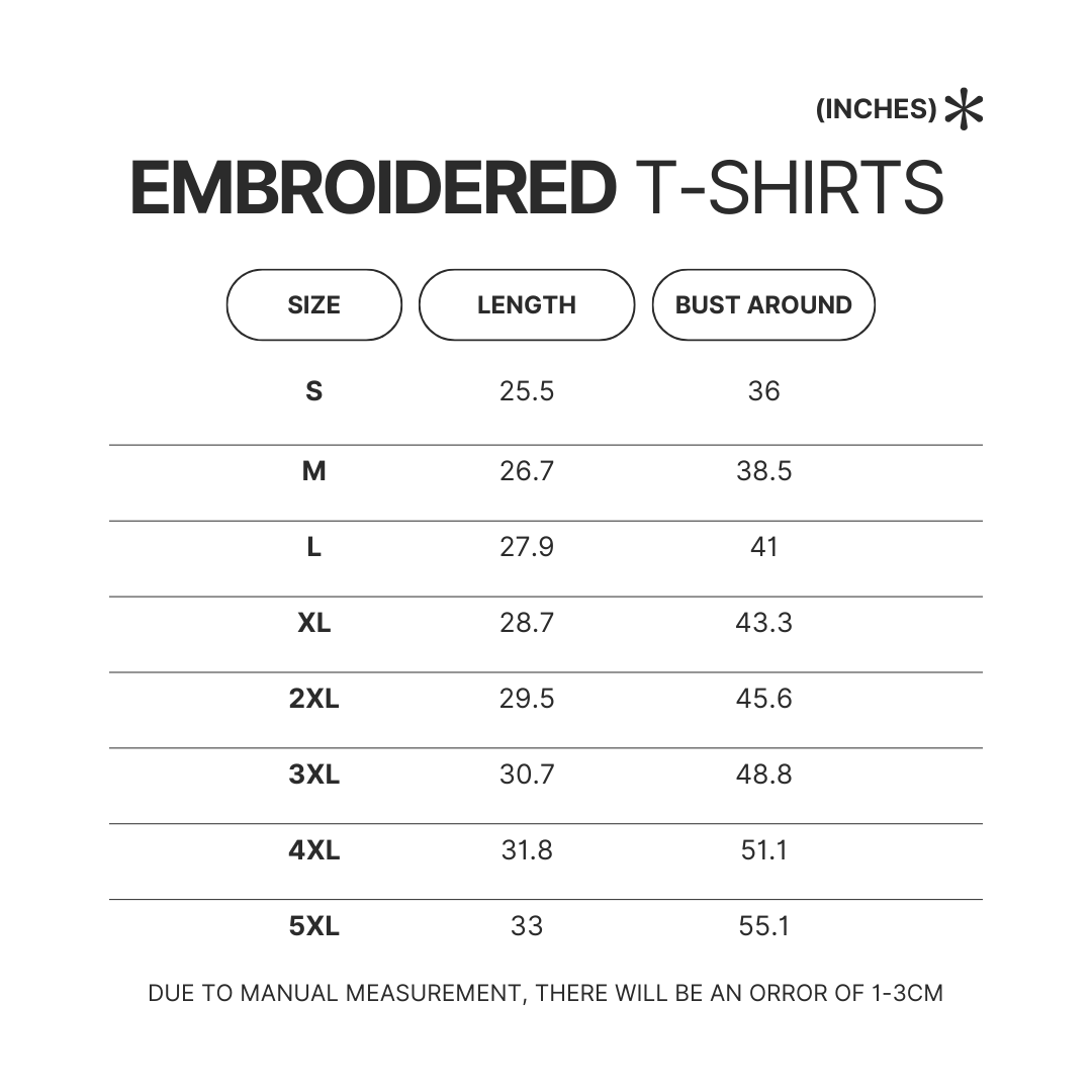Embroidered T shirt Size Chart - One Piece Gifts