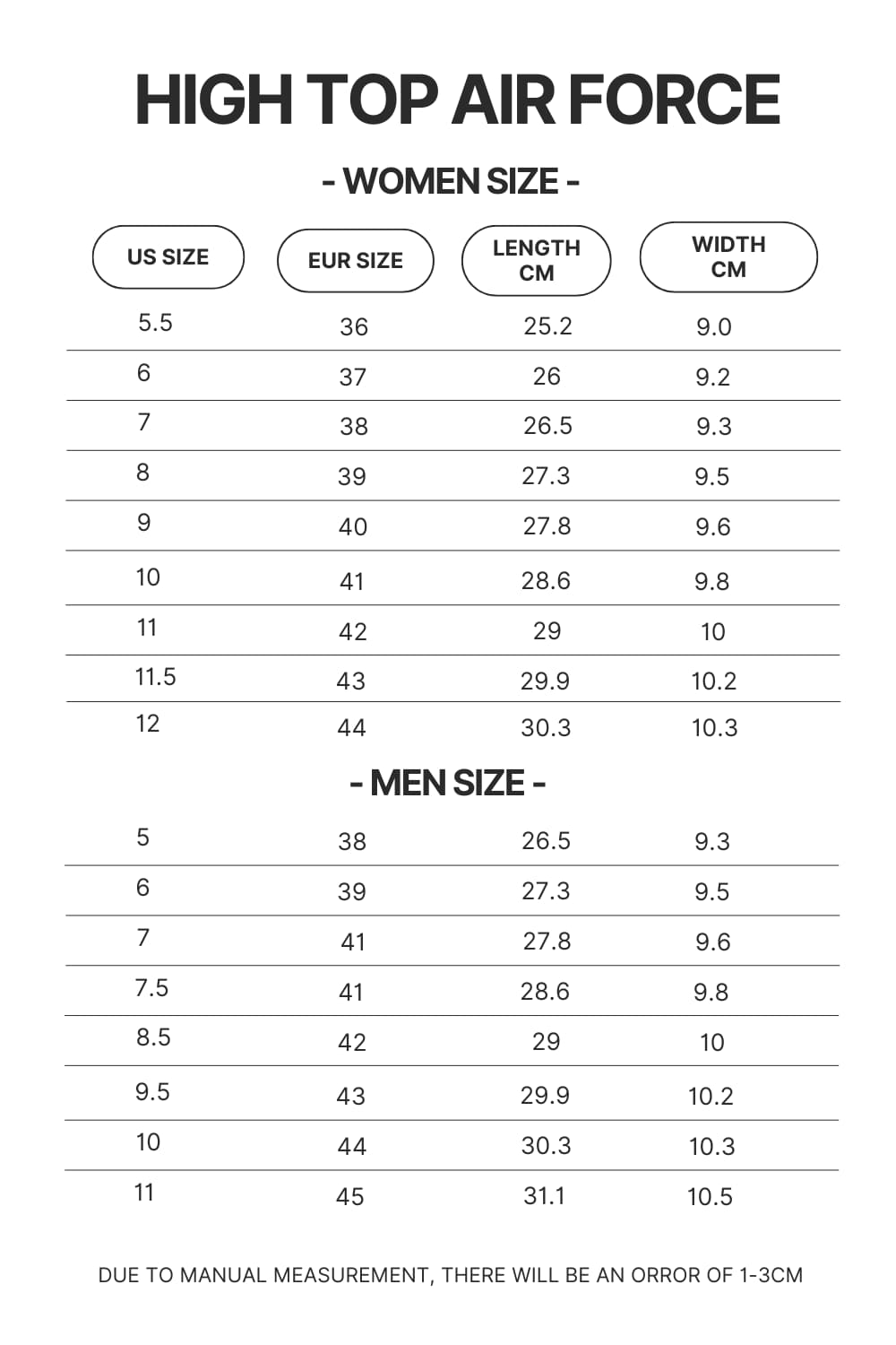 High Top Air Force Shoes Size Chart - One Piece Gifts