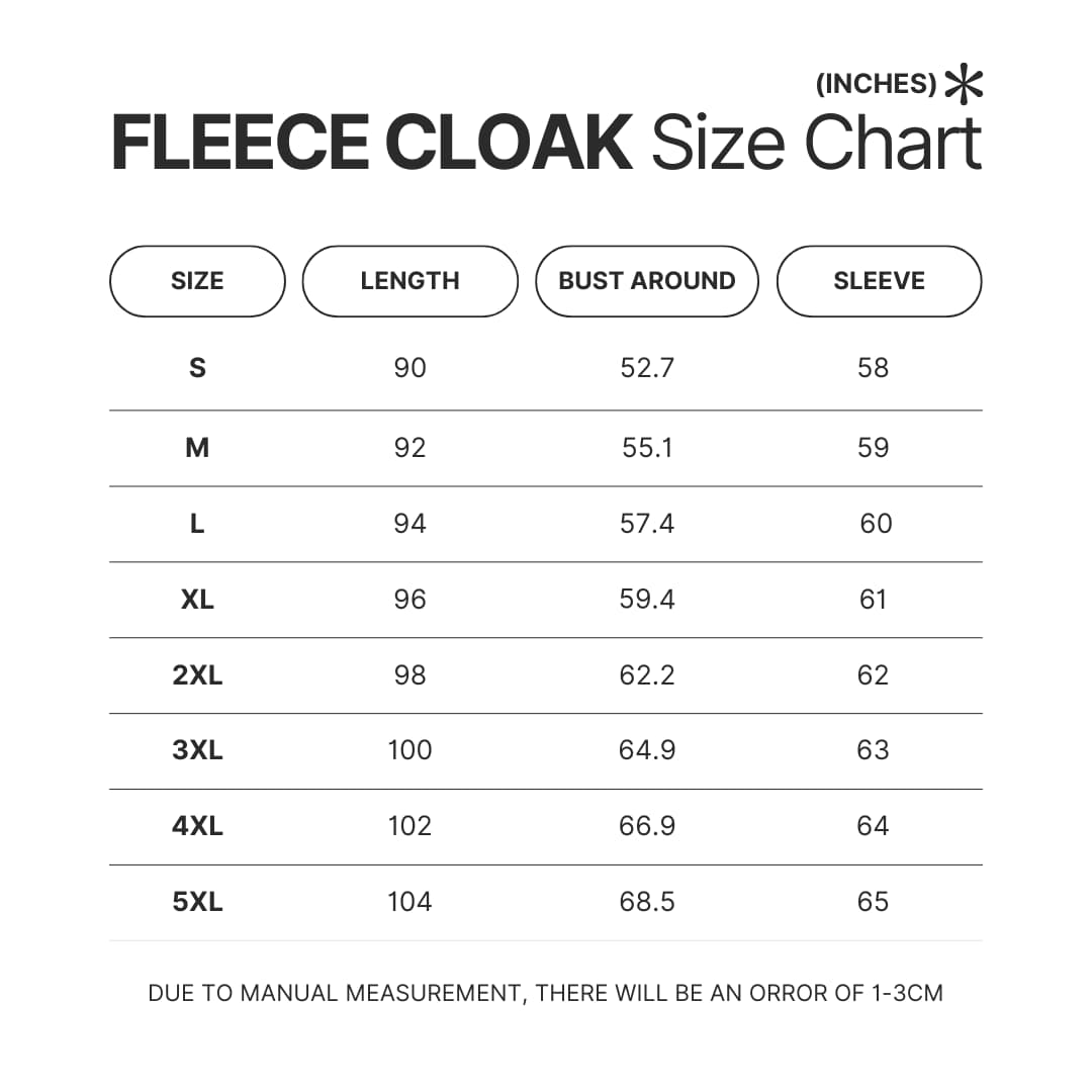 Fleece Cloak Size Chart - One Piece Gifts