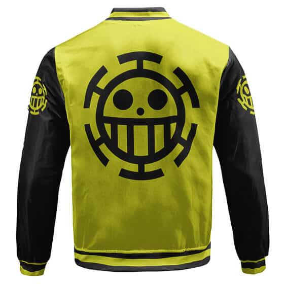 One Piece Heart Pirates Symbol Yellow Black Varsity Jacket Back - One Piece Gifts