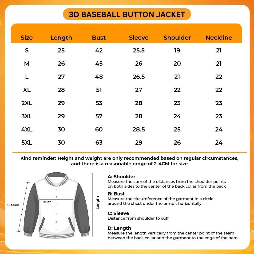 3D Baseball Button Jacket Size Chart - One Piece Gifts