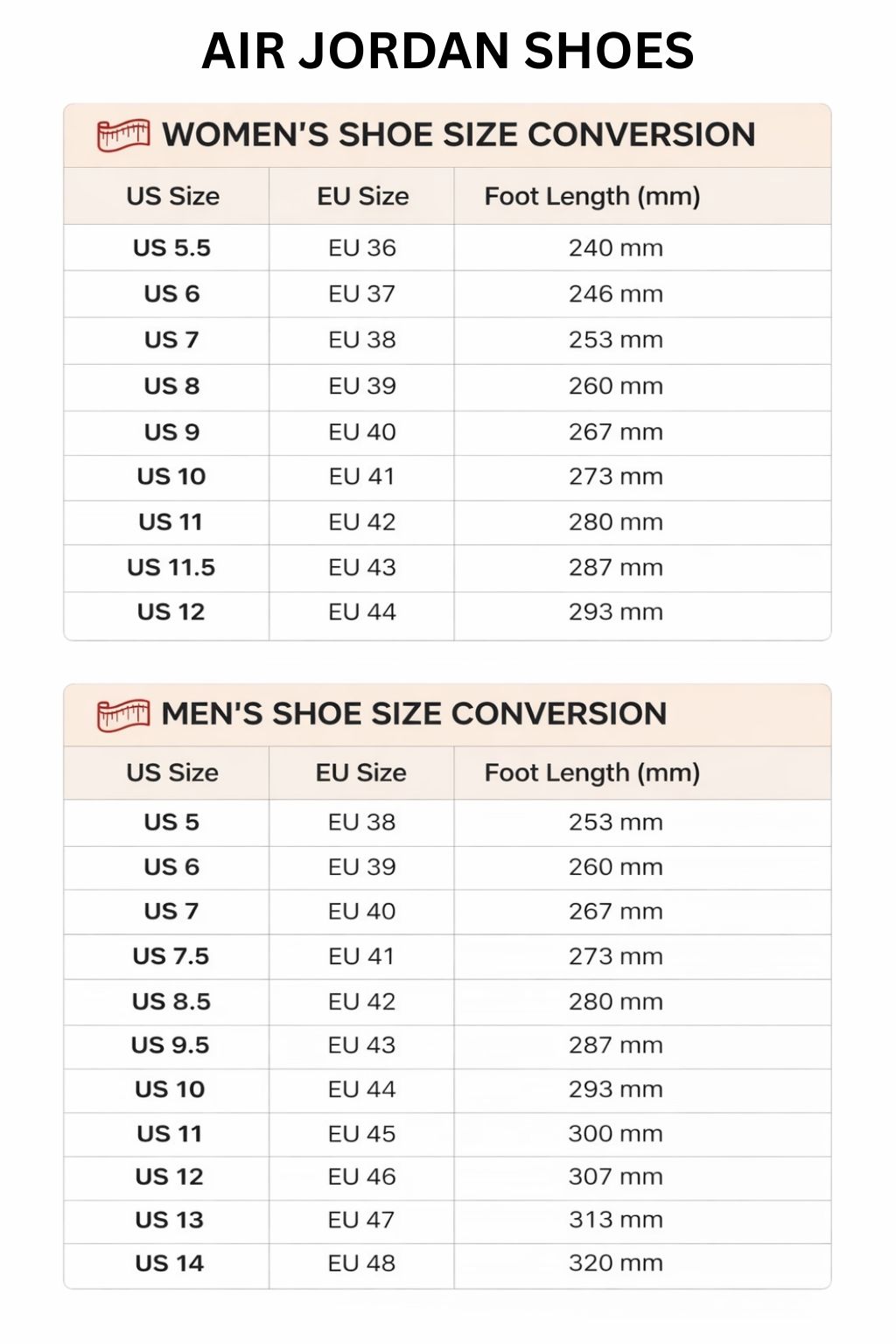 Air Jordan High Low Top Shoes Size Chart - One Piece Gifts